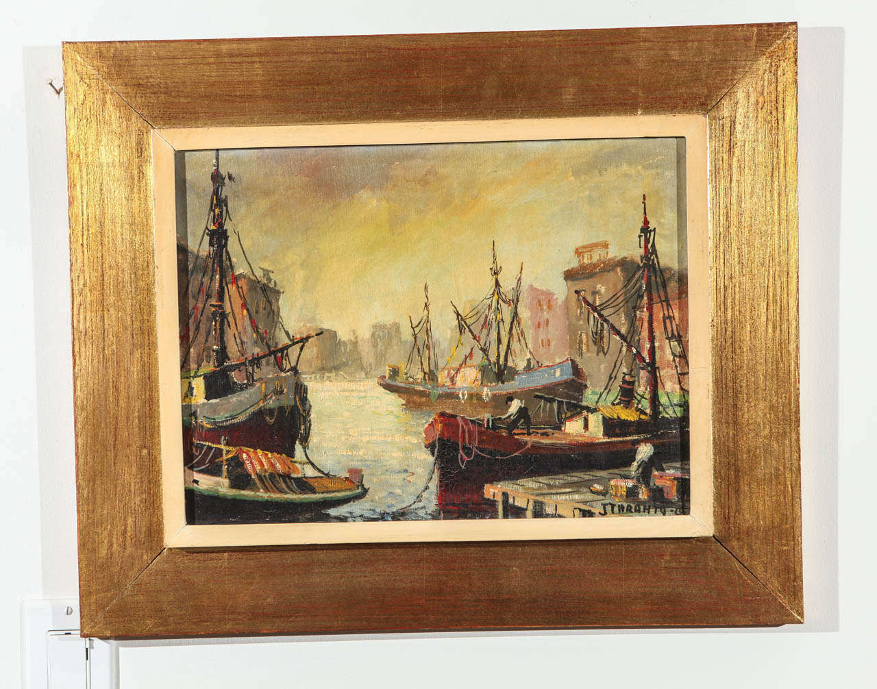Vintage Harbor Scene by Argentine Artist J. Tarahto.