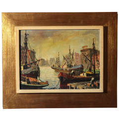 Vintage Harbor Scene by Argentine Artist J. Tarahto.