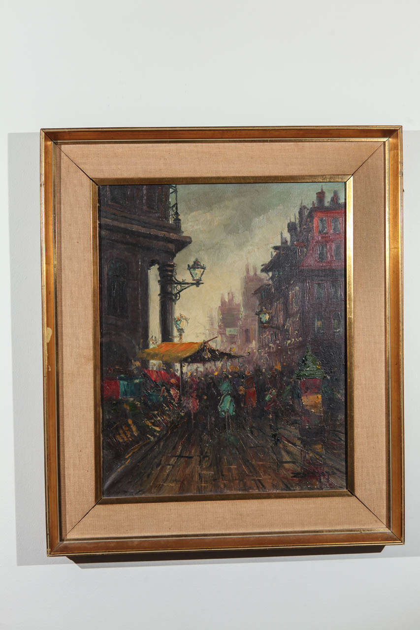 Circa 1960 oil on canvas by Argentine master Zaragoza, view in Ricolete in Buenos Aires of Santa Fe & Callao circa 1900. . The Confiteria San Martin is included on the right. 
Image measures 15.5 X 19.25.  Original frame measures 22
