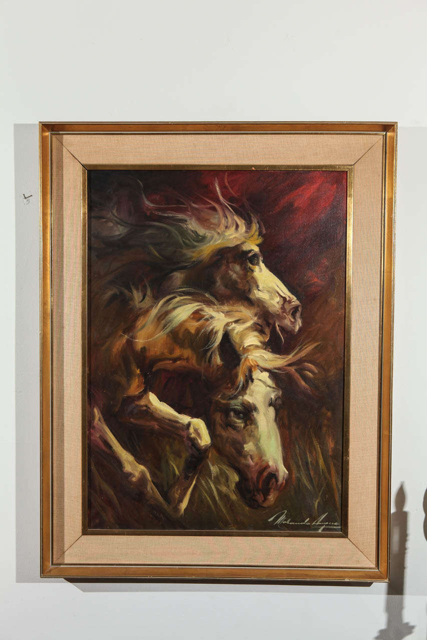 Painting by Argentine master Morando Luque of horses. Circa 1960. Excellent condition. Signed by the artist.  Image measures  27 1/4 X 19 1/4. Frame measures 26 1/4 X 36 1/4. Original frame.