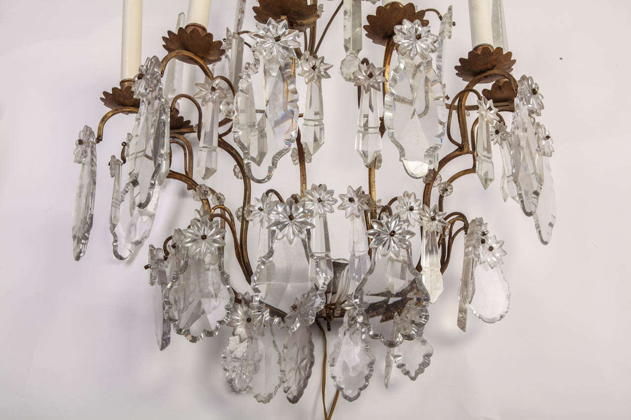 French Fine Continental Five Branch Cut-Glass Wall Lights For Sale