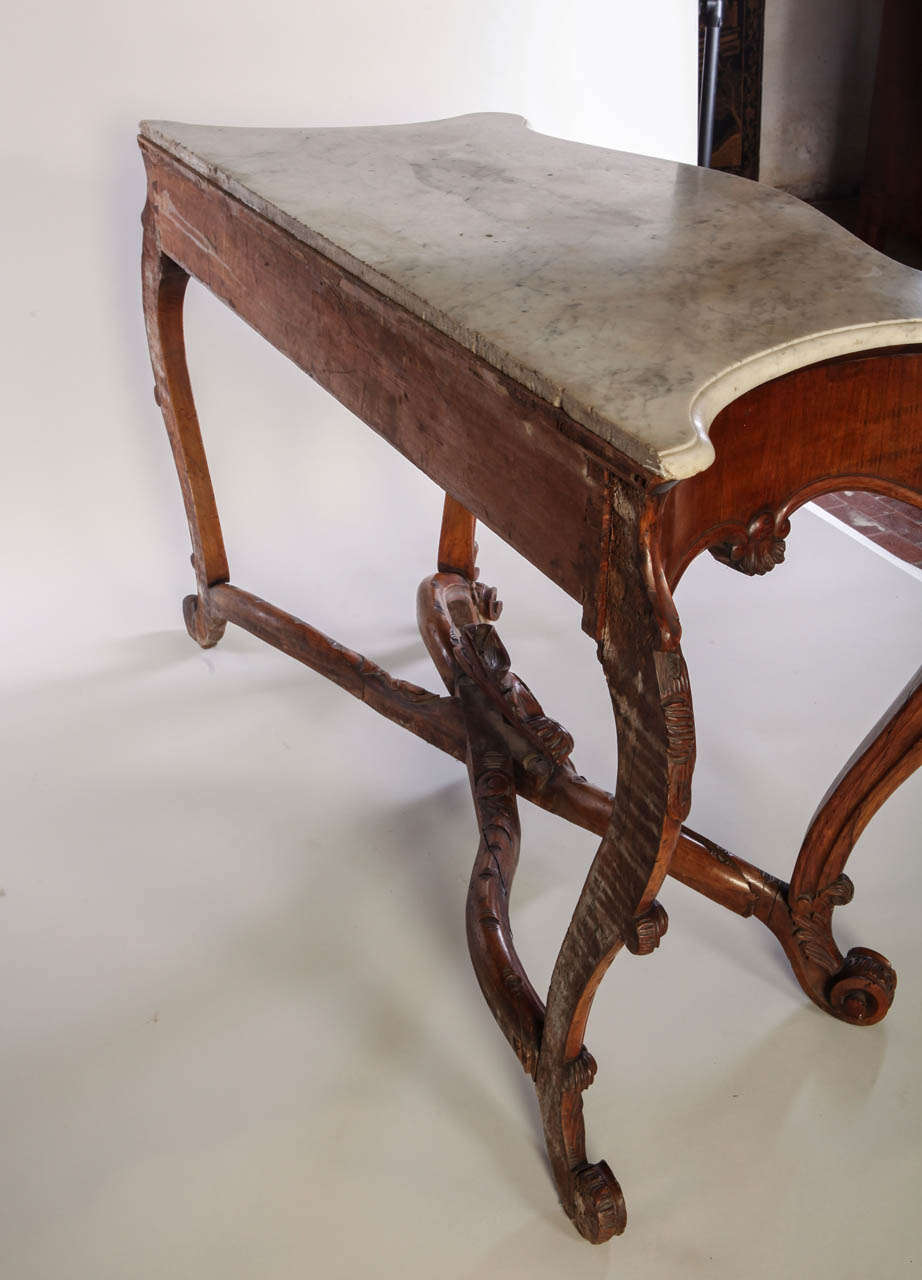 Italian 19th Century Carved Walnut Console Table with White Marble Top 1