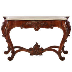 Italian 19th Century Carved Walnut Console Table with White Marble Top