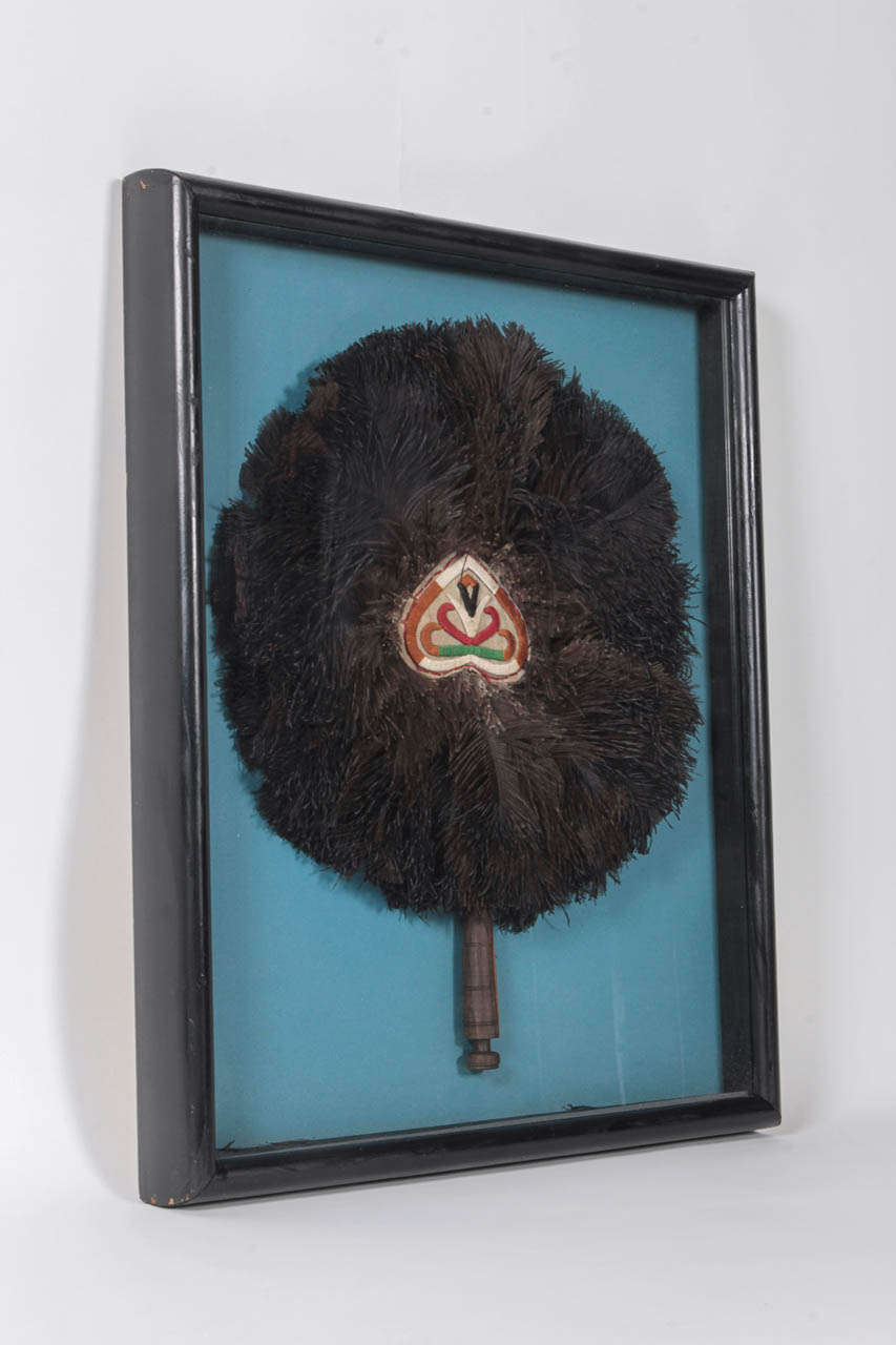 Wood Tribal Ostrich Feather Fan in Shadow Box