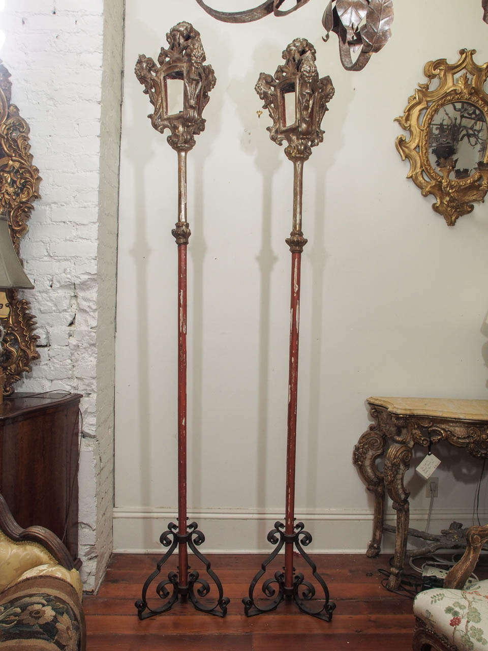 Pair of 19th c. Processional Pole Lanterns in Iron Stands. This pair is silver gilt. They are three sided with removable iron stands.