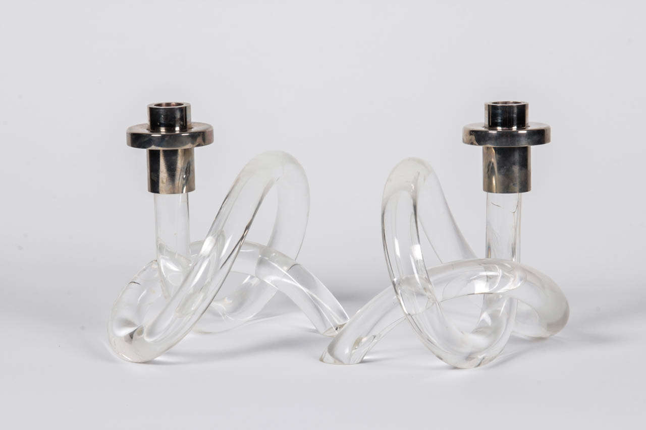 Pair of Lucite candlesticks with silver tips by Dorothy Thorpe.  USA, circa 1940.