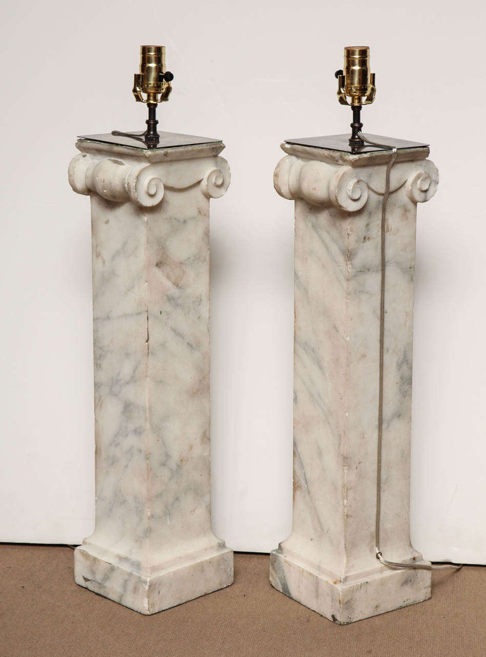 Pair of Square, Marble Ionic Columns Converted to Lamps, English Style