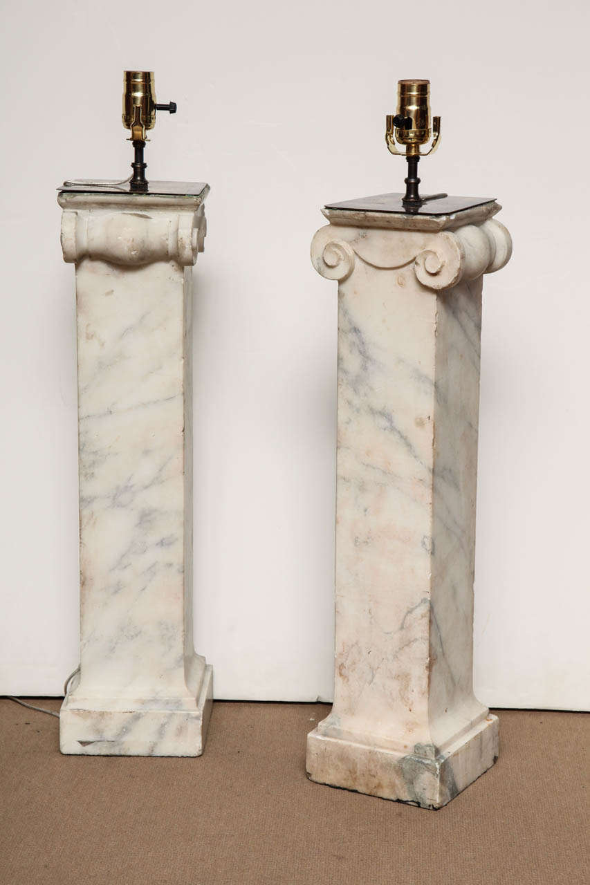 Marble Pair of Square Ionic Columns Converted to Lamps, English Style For Sale