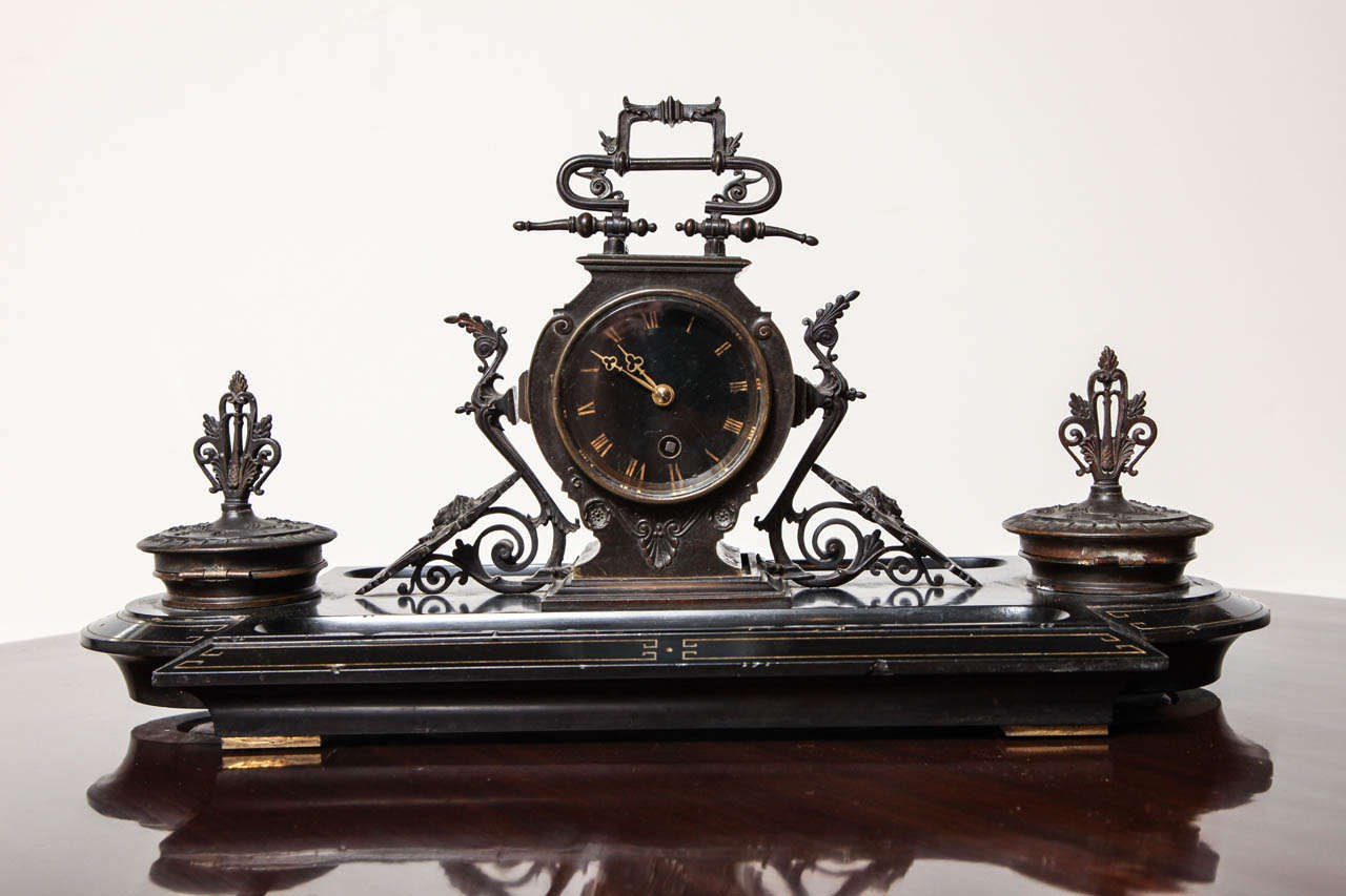 19th Century Napoleon III, Bronze and Marble Clock, Inkwells and Pen Tray