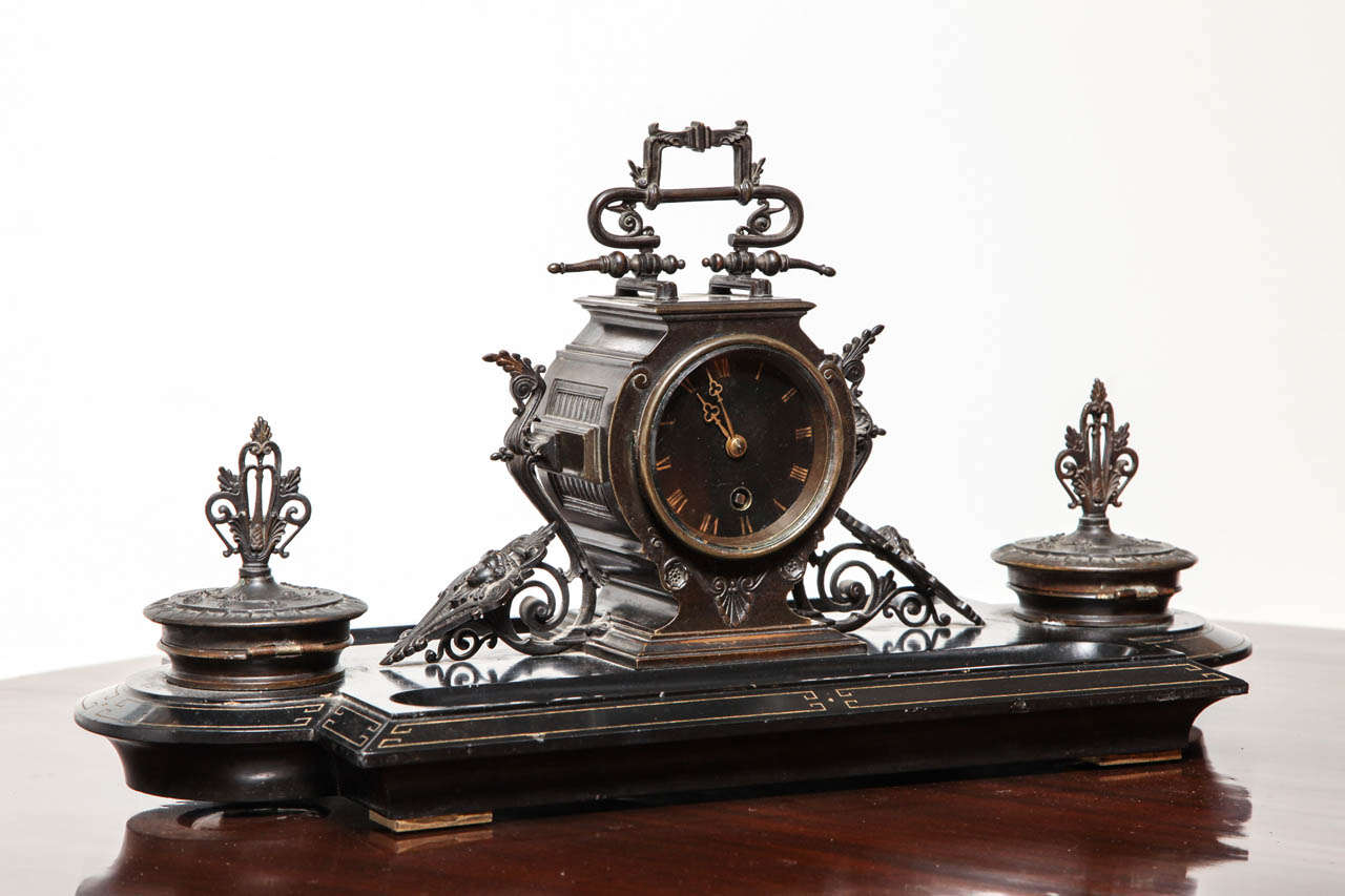 French 19th Century Napoleon III, Bronze and Marble Clock, Desk Accessory For Sale