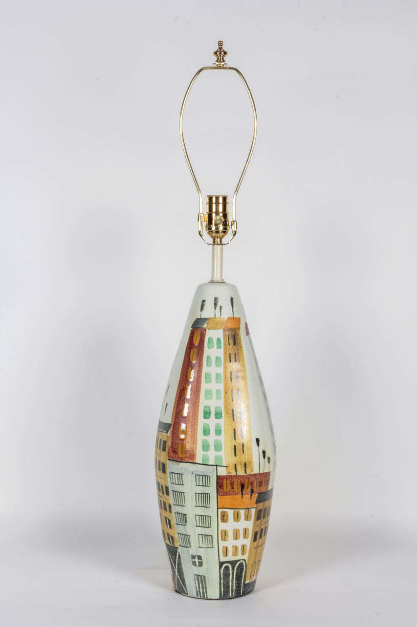 20th Century Pair of Italian Cityscape Ceramic Lamps by Bitossi
