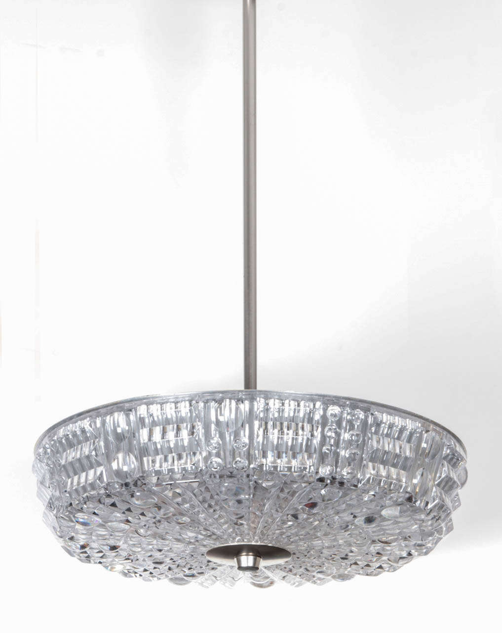 Fantastic deep cut faceted crystal pendant chandelier on a satin nickel stem with canopy. Stem can be removed to use as a flush mount.