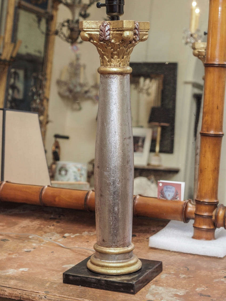 Pair of Silver and Gold Gilt Wood Column Lamps with Shades In Excellent Condition In New Orleans, LA