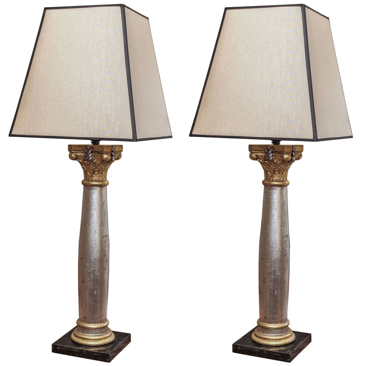 Pair of Silver and Gold Gilt Wood Column Lamps with Shades