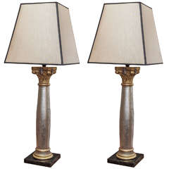 Pair of Silver and Gold Gilt Wood Column Lamps with Shades