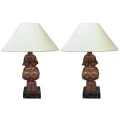 Pair of Carved Gilt Wood Lamps on Green Marble Base