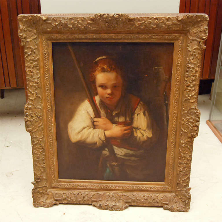 Academic oil painting of Rembrandt's 'Girl with a Broom', oil on canvas, Relined, label in verso 'Houston Museum of Fine Arts 1956'.