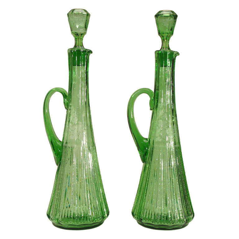 Pair of Moser Monumental Green Handblown Crystal Decanters 22"