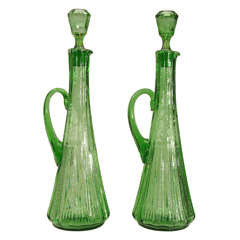 Antique Pair of Moser Monumental Green Handblown Crystal Decanters 22"