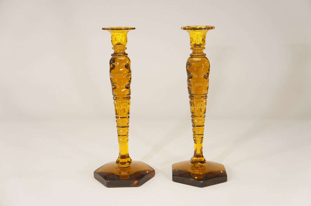 American Signed Steuben Monumental Three-Piece Amber Cut Crystal Centerpiece Console Set