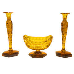 Signed Steuben Monumental Three-Piece Amber Cut Crystal Centerpiece Console Set