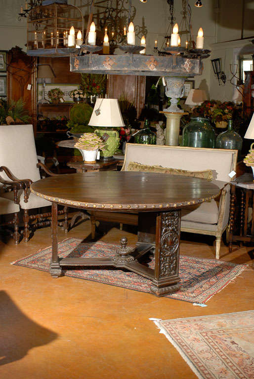 French Circular Oak Studded Table In Excellent Condition In Atlanta, GA