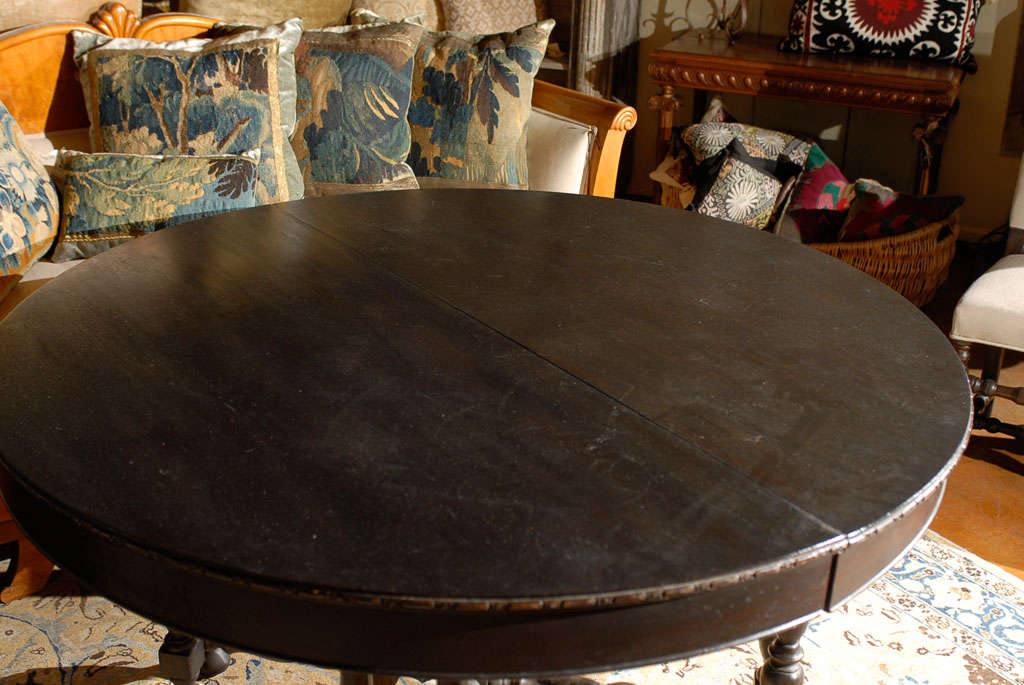 French Dark Wood Round Dining Table with Five-Leaf Extensions and Turned Legs 2