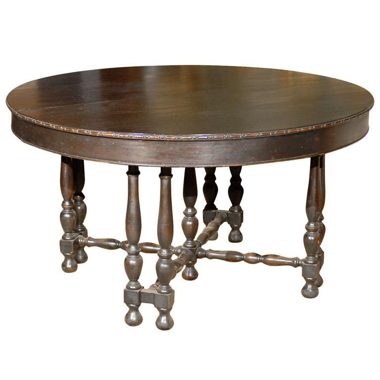 French Dark Wood Round Dining Table with Five-Leaf Extensions and Turned Legs