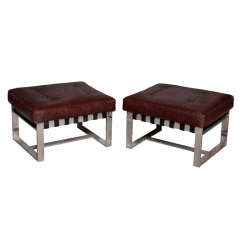 Pair Chrome and Leather Ottomans