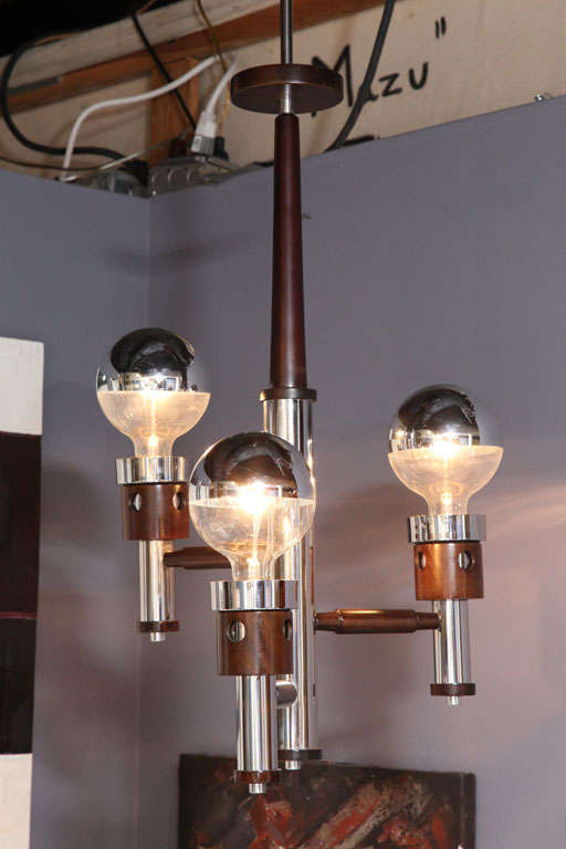Three-Light Wood and Chrome Pendant