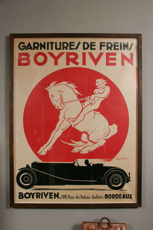 Large format French poster advertising high performance brake shoes with exceptional deco artwork and design by Geo Ham (Georges Hamel), who created the iconic Grand Prix Monte Carlo posters of the 1930's featuring the world's great high speed cars,