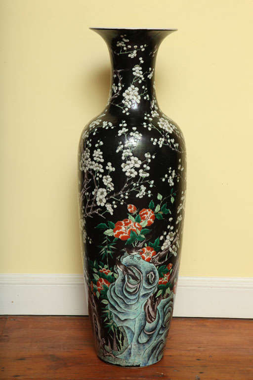 Enameled Antique Tall Baluster Famille Noire Vase, Chinese, Late 19th Century For Sale