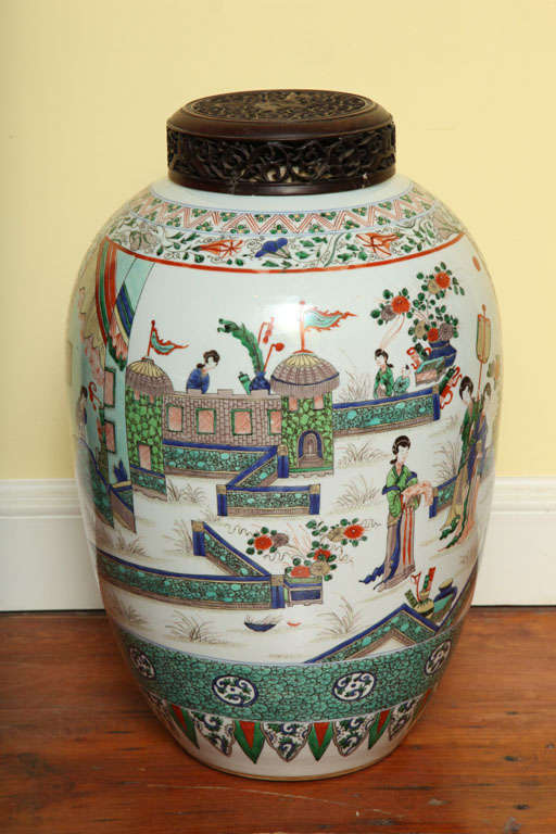 Very fine large famille verte ovoid jar with scenes of ladies and children in walled gardens and pavilions, Chinese, circa 1920.