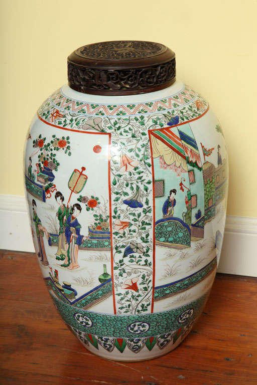 Glazed Large Antique Famille Verte Ovoid Jar, 20th Century For Sale