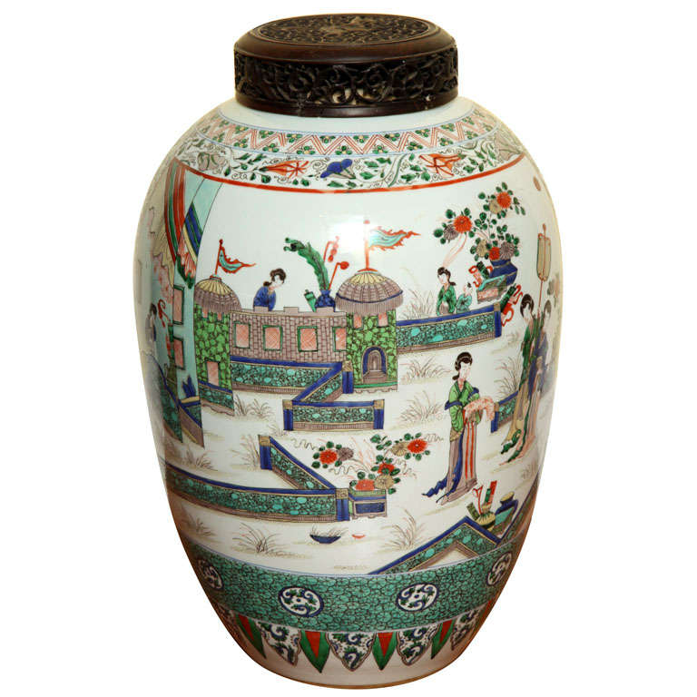 Large Antique Famille Verte Ovoid Jar, 20th Century For Sale