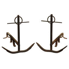 Antique hand crafted anchor form andirons, American c, 1900