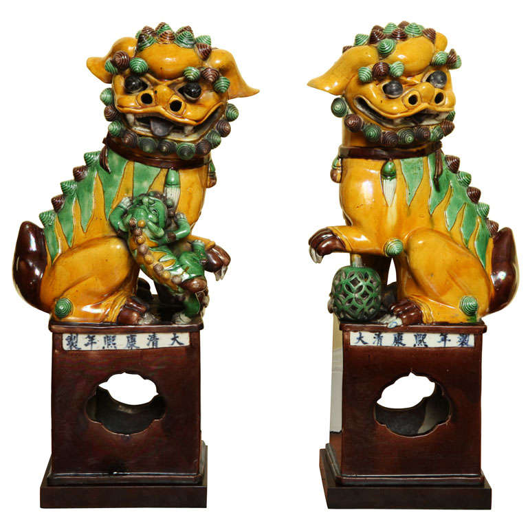 Antique Large Pair of Porcelain Polychrome Foo Dogs, Chinese, circa 1900 For Sale