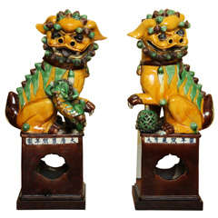 Antique Large Pair of Porcelain Polychrome Foo Dogs, Chinese, circa 1900