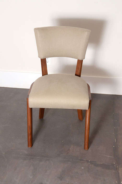 Set of Six Oak Dining Chairs restored in excellent condition - recently reupholstered in beige linen.