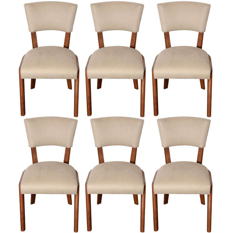 Set of Six Upholstered Oak Dining Chairs by Charles Dudouyt