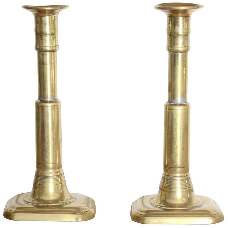 Pair of Polished Brass Candlesticks with Rectangular Base For Sale