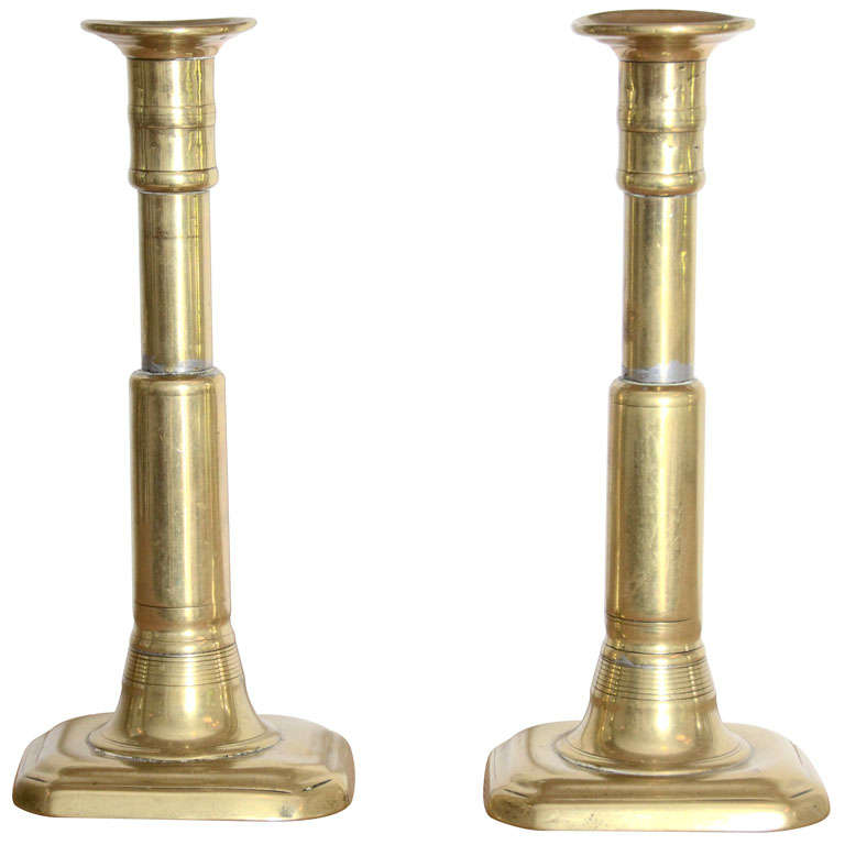 Pair of French PushUp Brass Candlesticks, Circular Stepped Base at