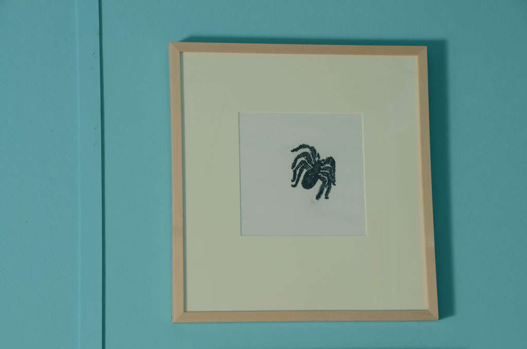 Bold linoleum cut image of a Hairy Spider, by Leonard Baskin. Troya paper, black ink. Signed on paper. Framed with acid free mat.