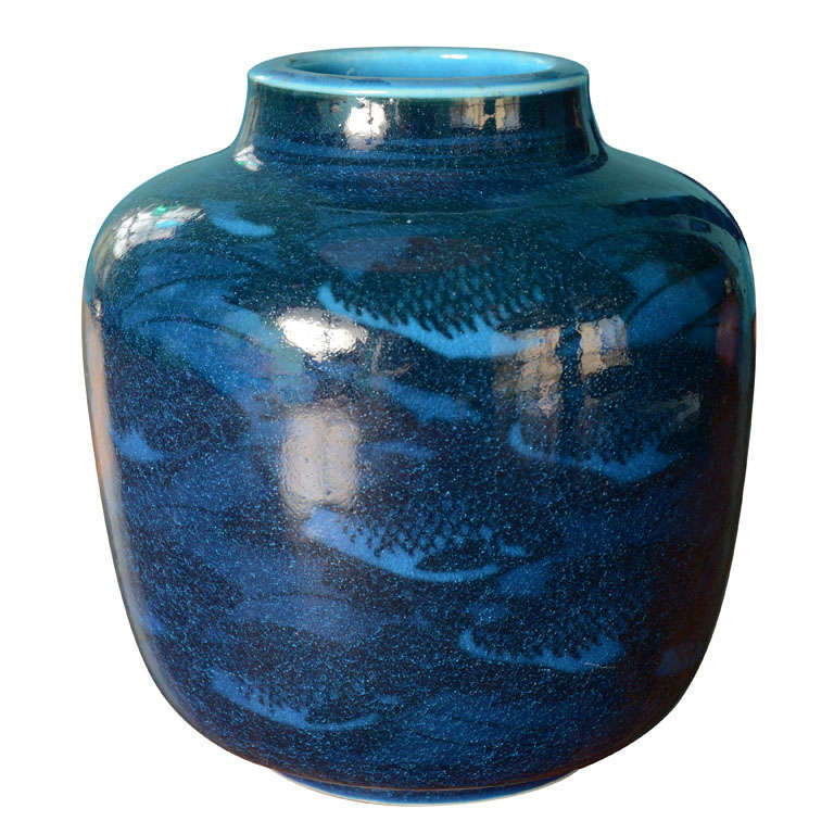Nils Thorsson for Royal Copenhagen Turquoise and Blue Fish Vase For