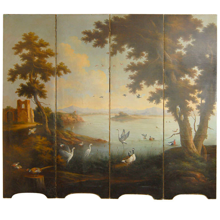 Four Panel Italian Oil On Canvas Screen of Landscape with Birds