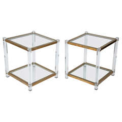 Perspex and Brass two tiered side tables with glass tops, Italian 1970s