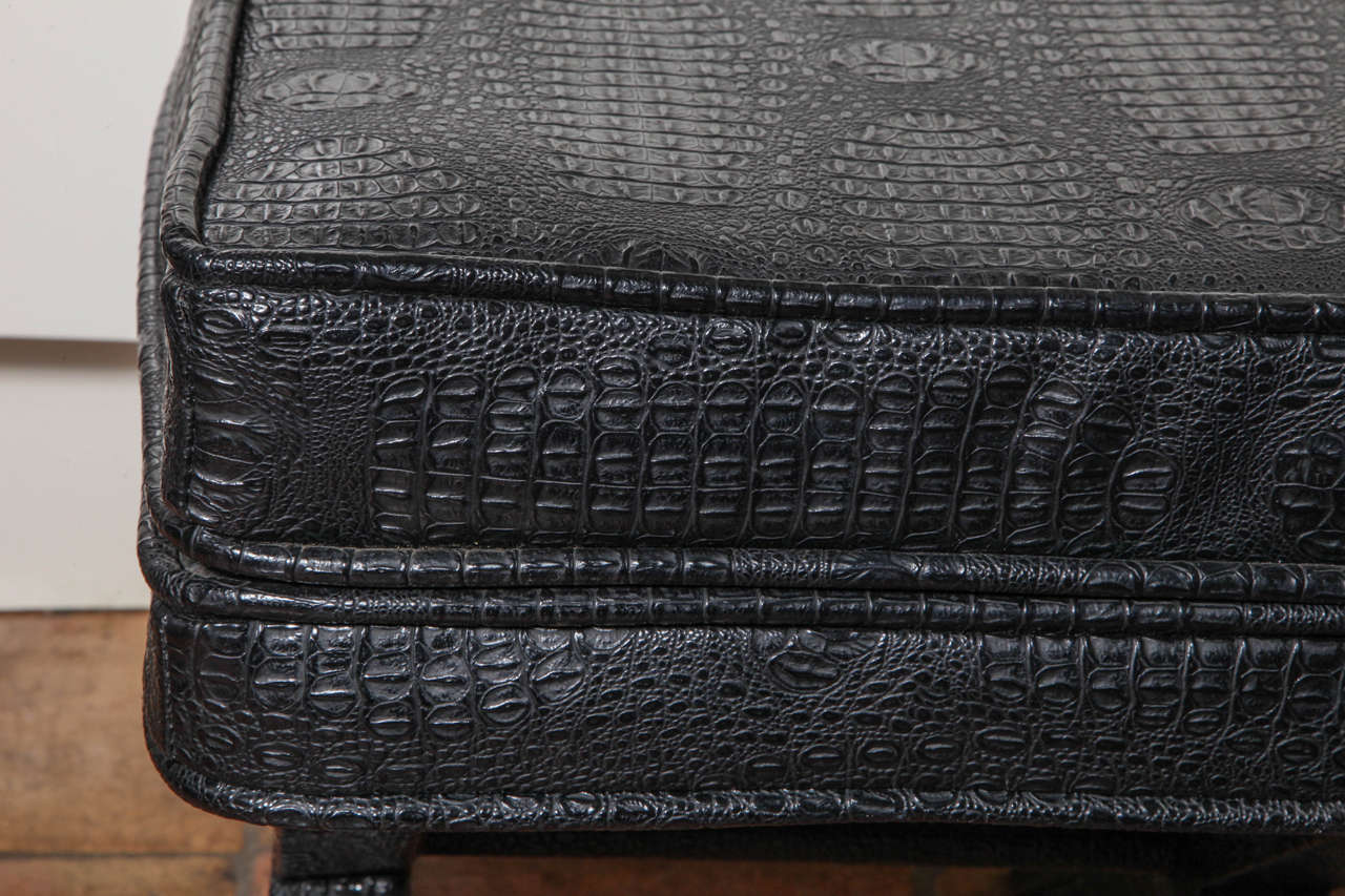 Modern 1970s English Black Faux Crocodile Leather X Ottoman For Sale