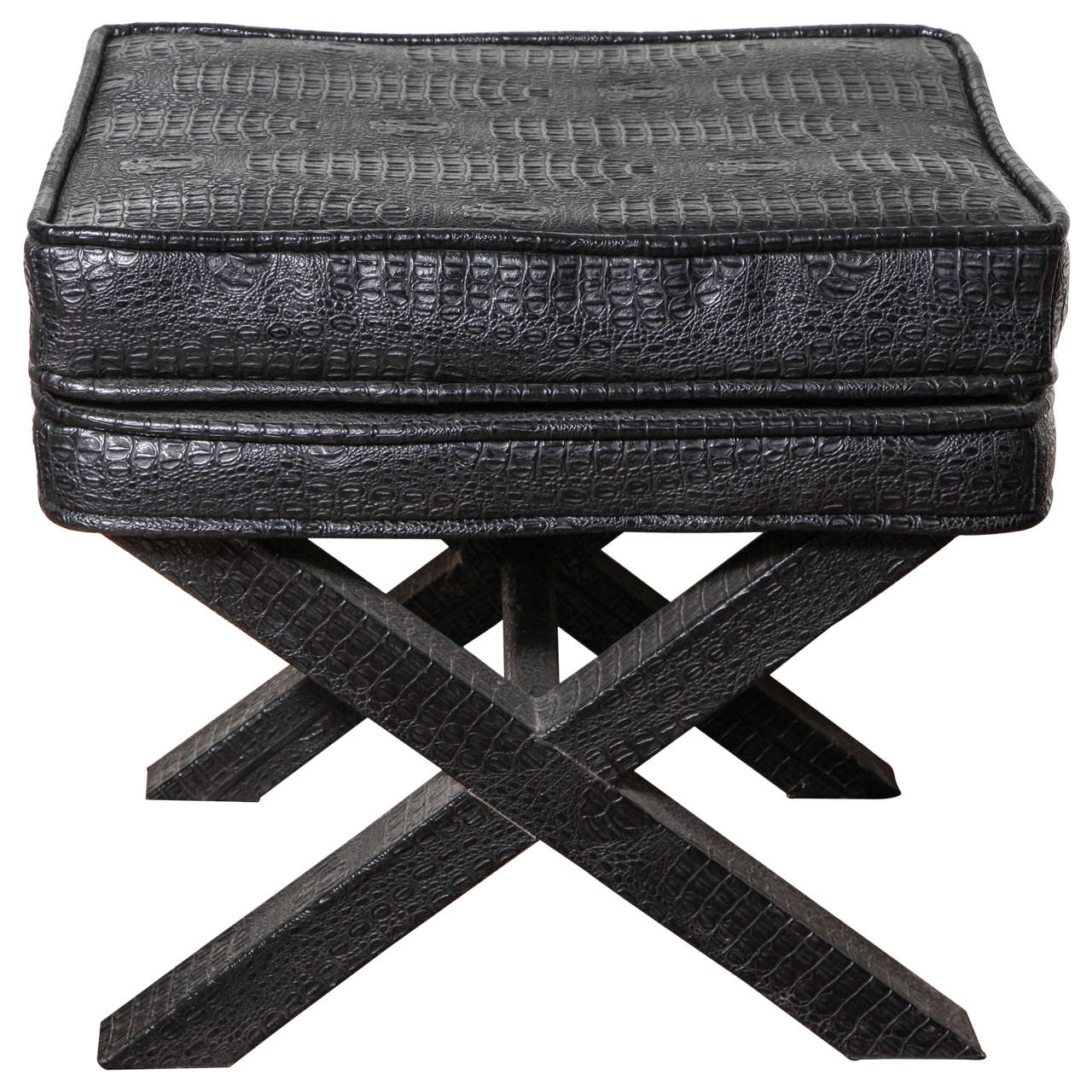 1970s English Black Faux Crocodile Leather X Ottoman For Sale at