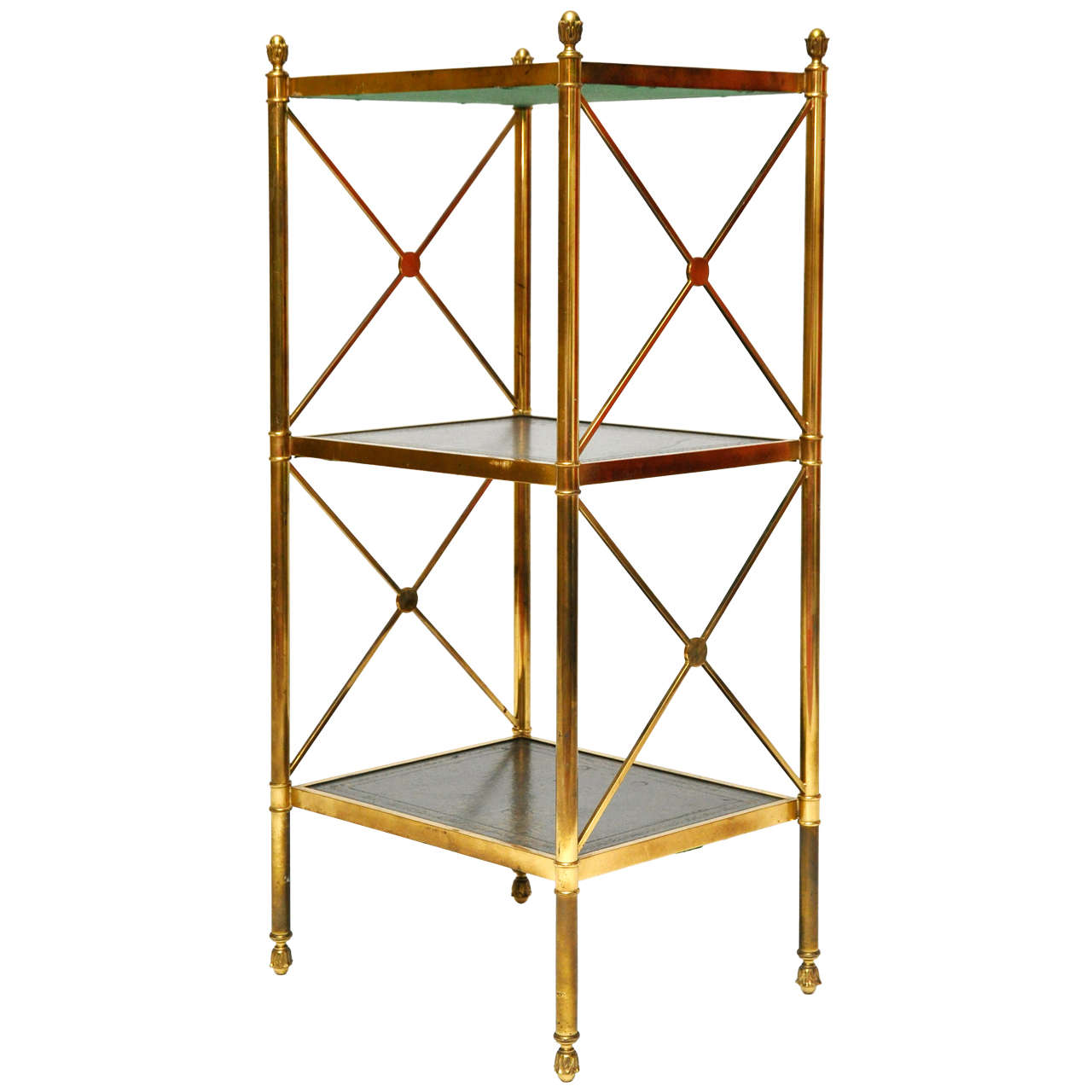 A Handsome Gilt-Brass and Bronze Etagere with Green Leather Inset Tops