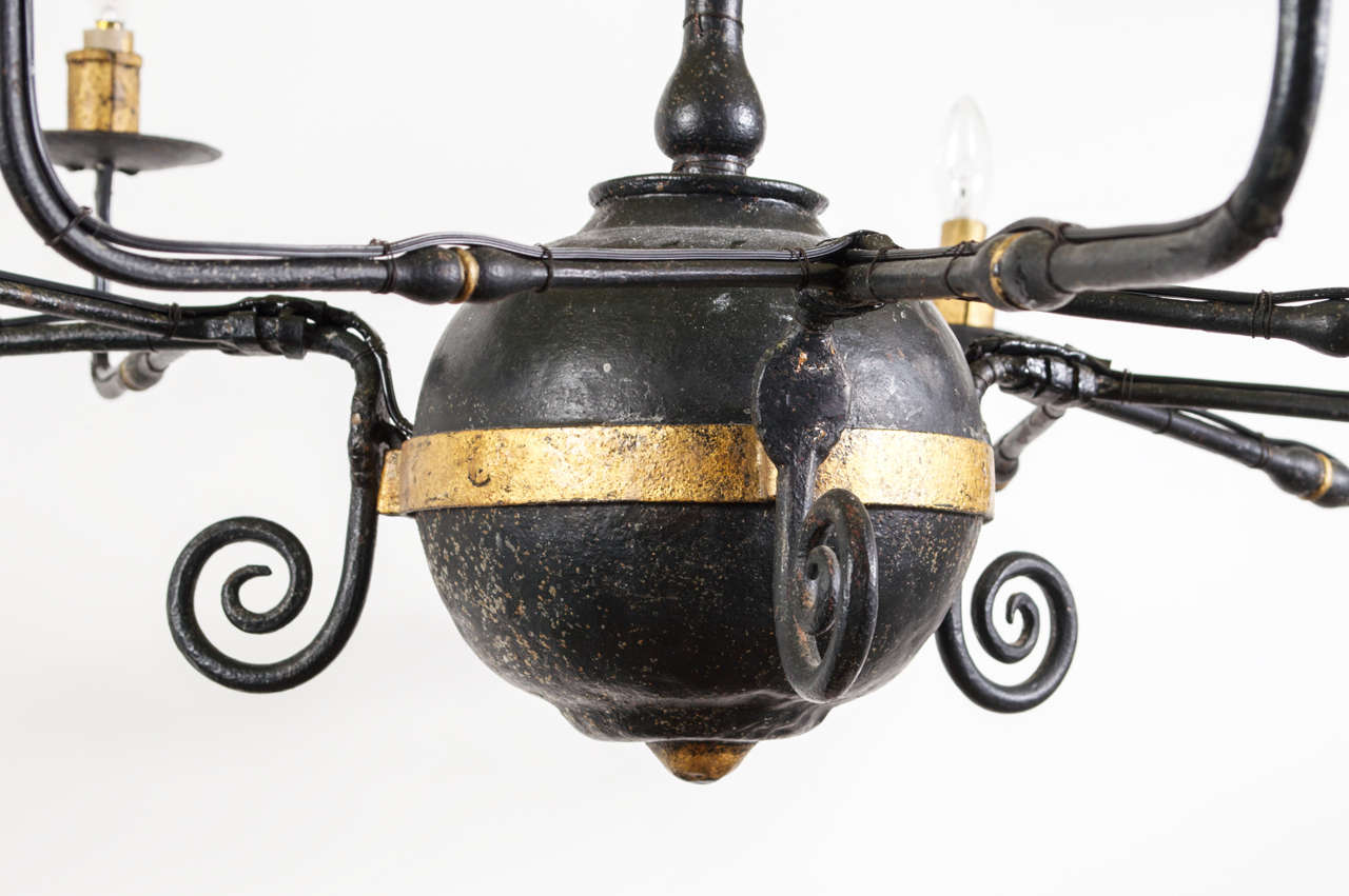Mid-20th Century Nine-Light Metal Chandelier in Black and Gold